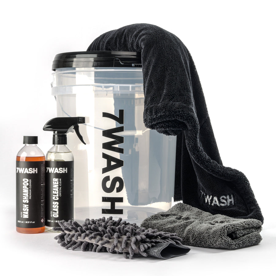7WASH Basic Wash Set mit 19-L-Eimer, Autoshampoo, Glasreiniger, Waschhandschuh und Tüchern