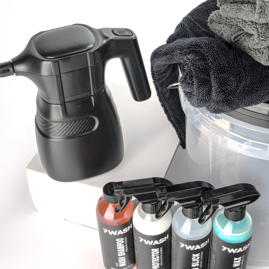 7WASH Komplettes Autopflege-Set mit Schaumsprüher, Wascheimer, Shampoo und Mikrofasertüchern
