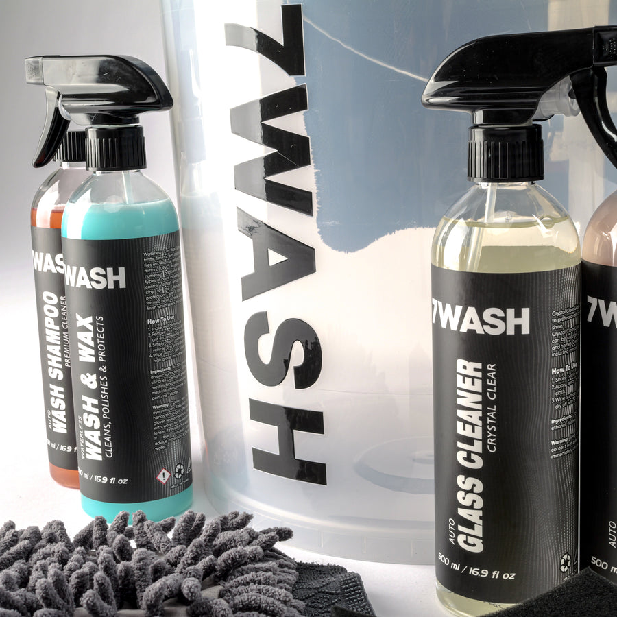 7WASH Exterior Autopflege-Set mit Eimer und vier 500-ml-Reinigungsprodukten