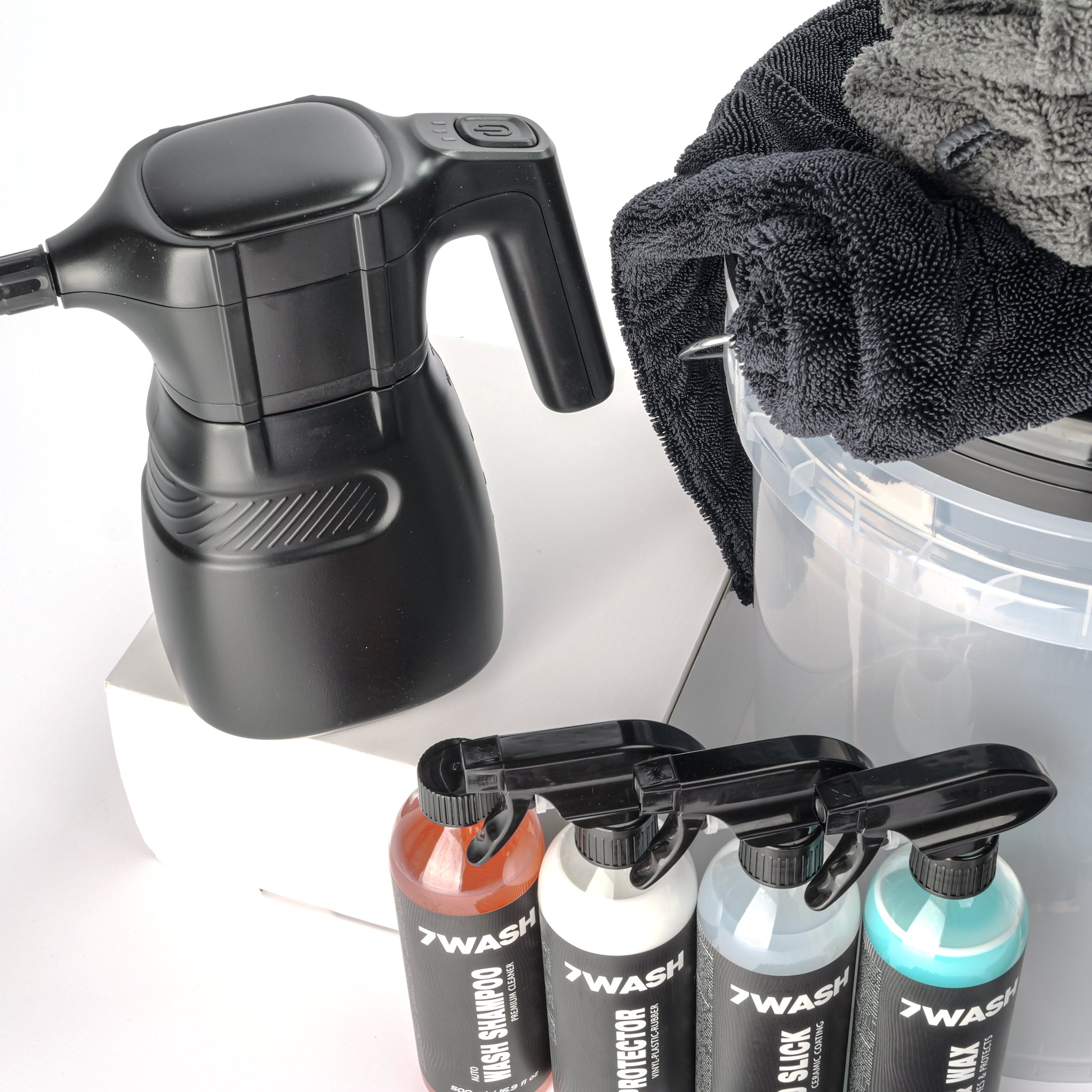 7WASH complete car care kit with foam sprayer, microfiber drying towels, wash bucket with grit guard, car wash shampoo, tire dressing, and premium vehicle detailing products for cleaning cars and motorcycles