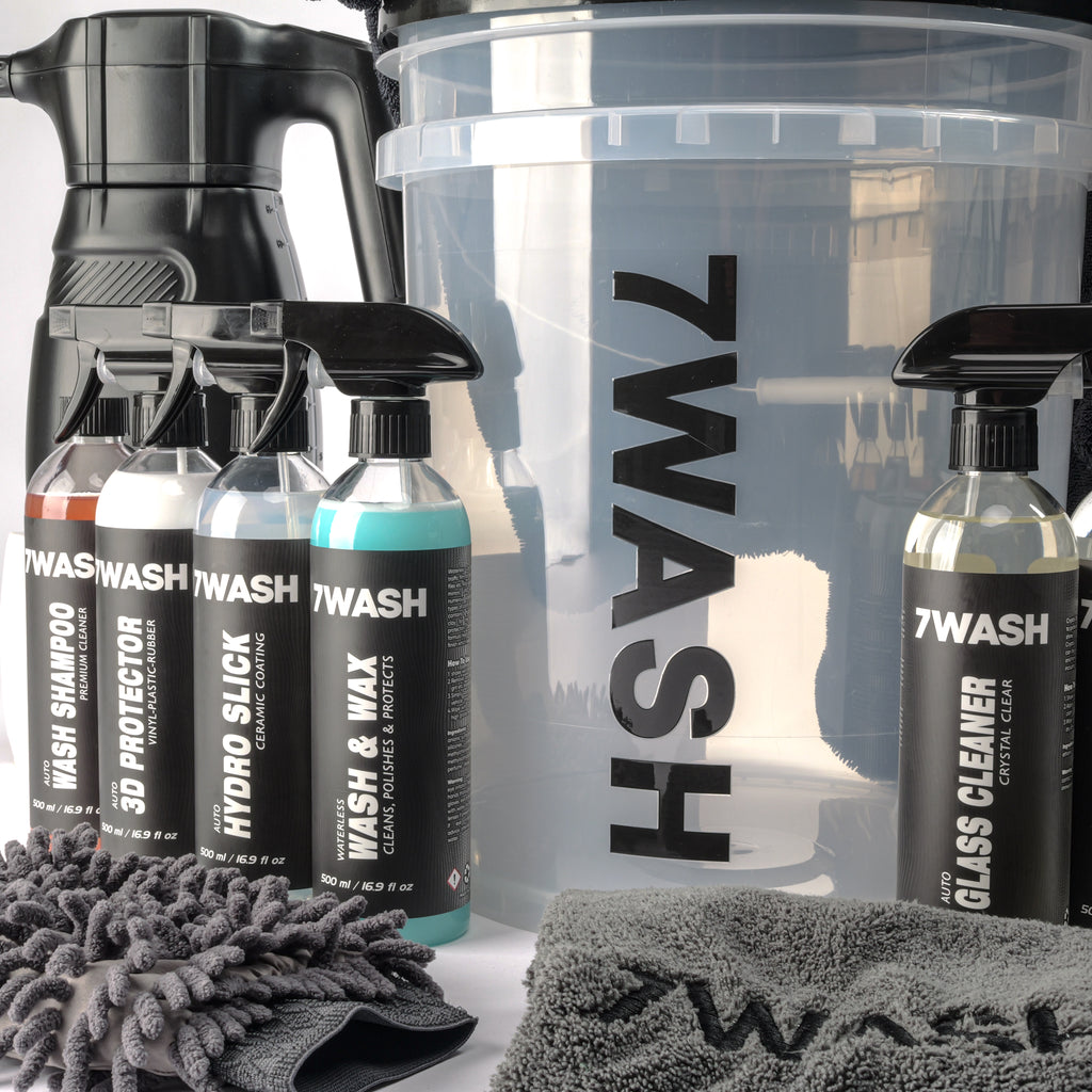 7WASH complete car care kit with foam sprayer, microfiber drying towels, wash bucket with grit guard, car wash shampoo, tire dressing, and premium vehicle detailing products for cleaning cars and motorcycles
