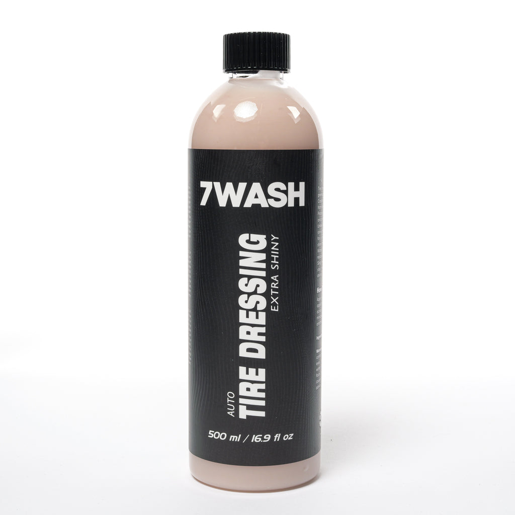 7WASH Tire Shine & Dressing Extra Shiny 500 ml tire shine spray for deep black tires, long-lasting tire protection, wet look finish, and professional car detailing tire care