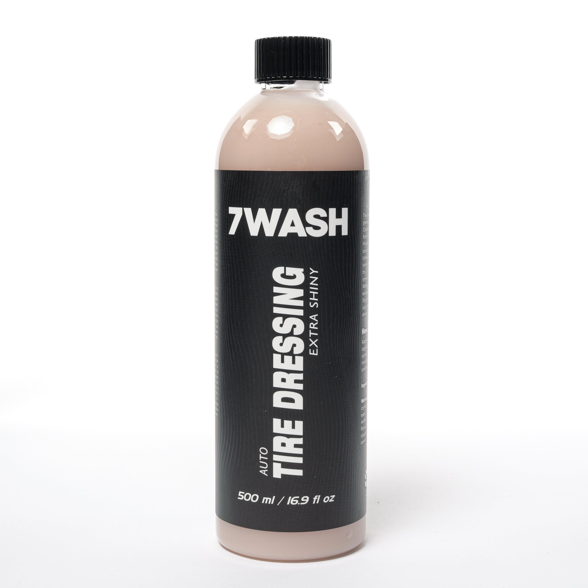7WASH Tire Shine & Dressing Extra Shiny 500 ml tire shine spray for deep black tires, long-lasting tire protection, wet look finish, and professional car detailing tire care