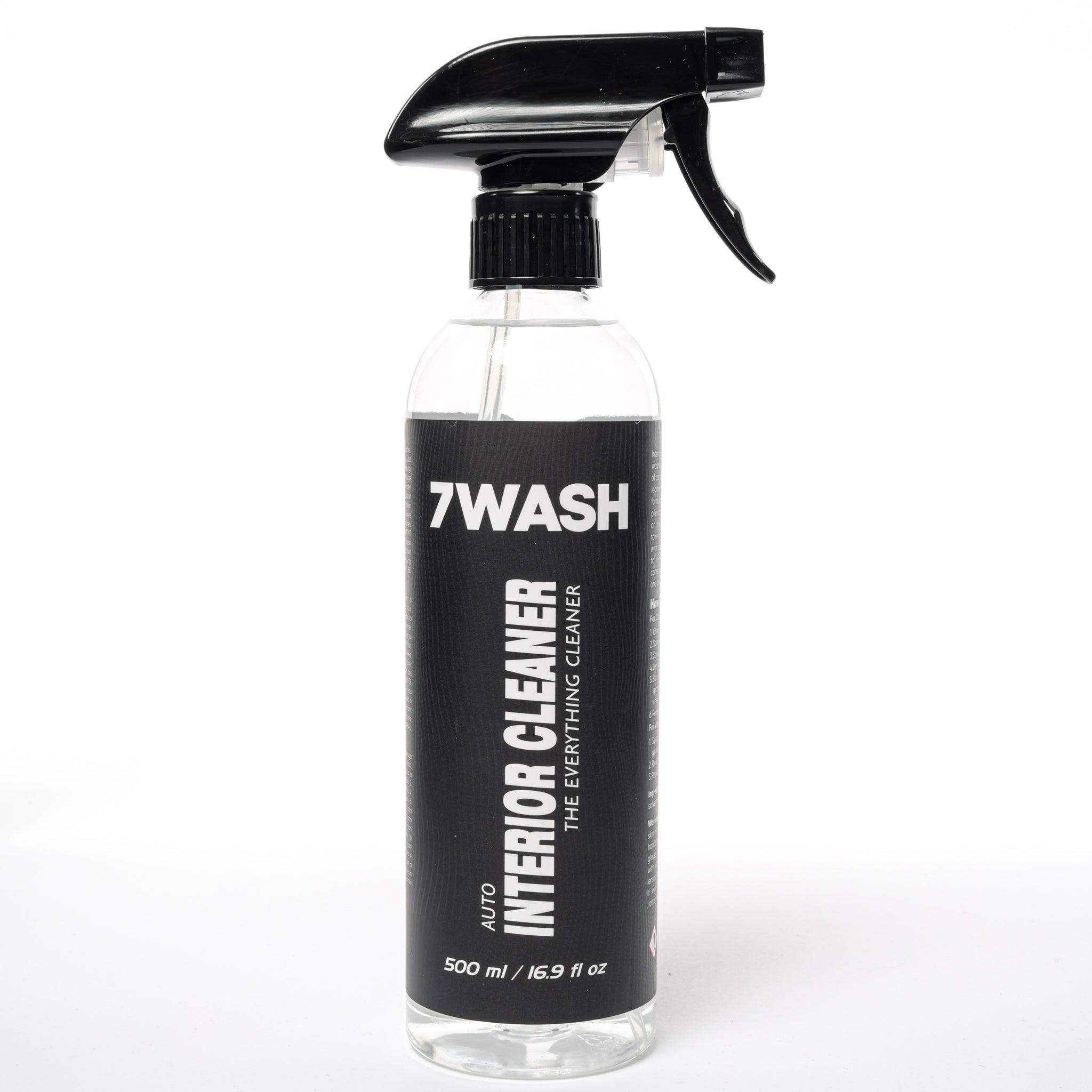 7WASH Interior Cleaner 500 ml car interior cleaner bottle back label with usage instructions for dashboard, plastic, leather, and interior car detailing cleaning
