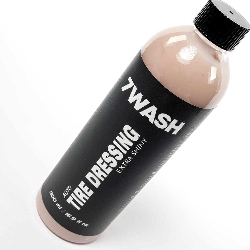7WASH Tire Shine & Dressing Extra Shiny 500 ml tire shine spray for deep black tires, long-lasting tire protection, wet look finish, and professional car detailing tire care