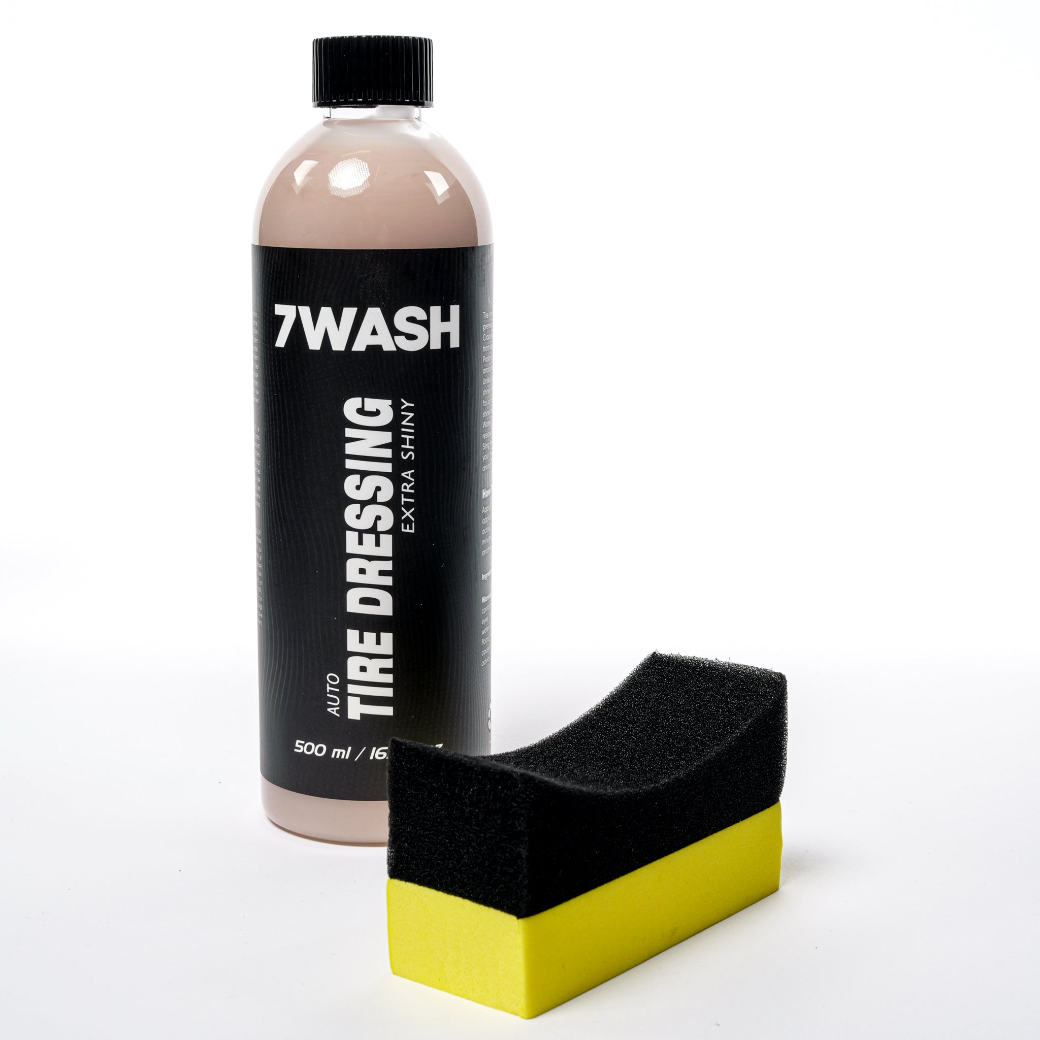 7WASH Tire Dressing Extra Shiny 500 ml with black applicator sponge for deep black tire shine, tire protection, and long-lasting tire care for car detailing