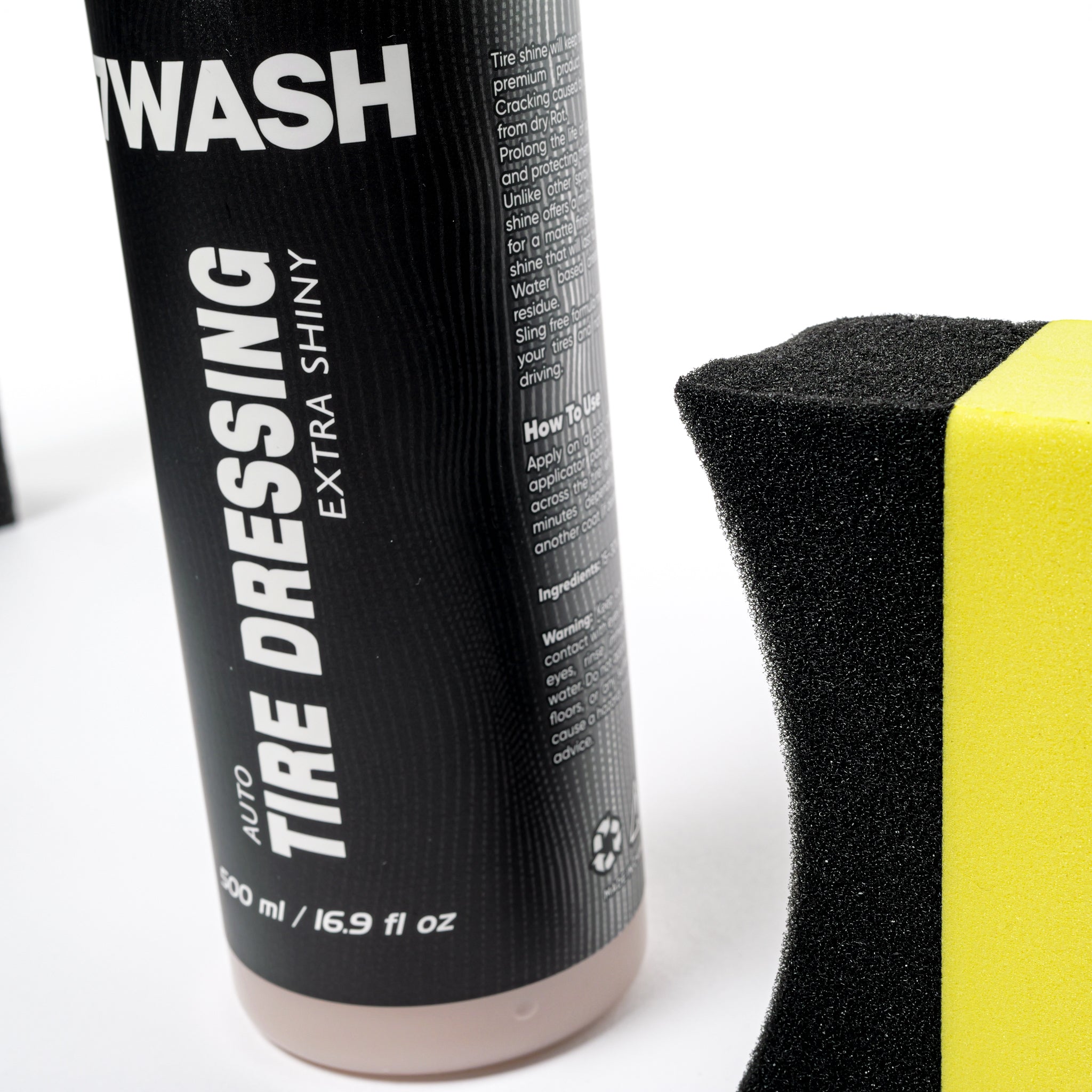 7WASH Tire Dressing Extra Shiny 500 ml with black applicator sponge for deep black tire shine, tire protection, and long-lasting tire care for car detailing