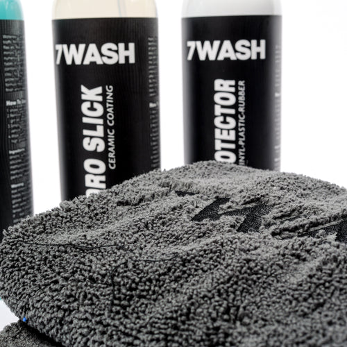 7WASH car detailing kit with Wash & Wax waterless car cleaner, Hydro Slick ceramic coating spray, vinyl plastic rubber protector, and premium microfiber drying towels for paint protection, deep shine, and full car detailing