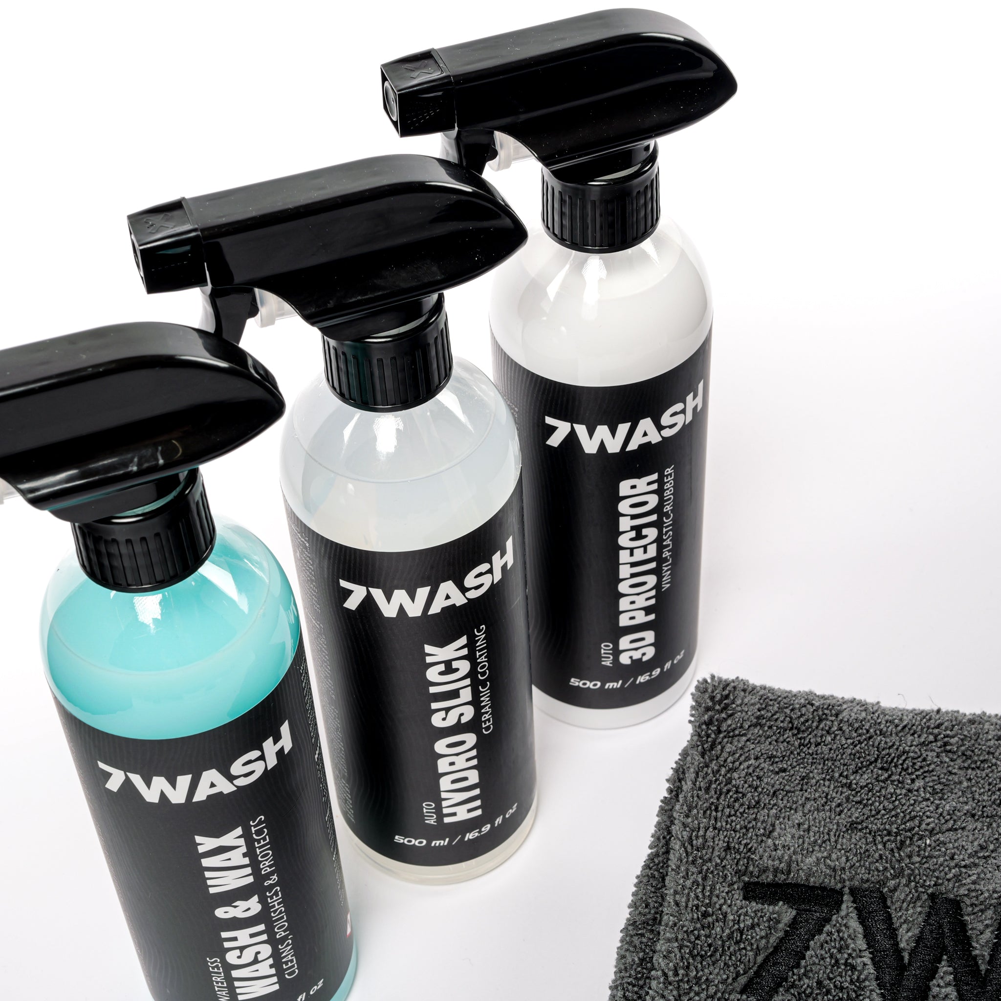 7WASH car detailing kit with Wash & Wax waterless car cleaner, Hydro Slick ceramic coating spray, vinyl plastic rubber protector, and premium microfiber drying towels for paint protection, deep shine, and full car detailing