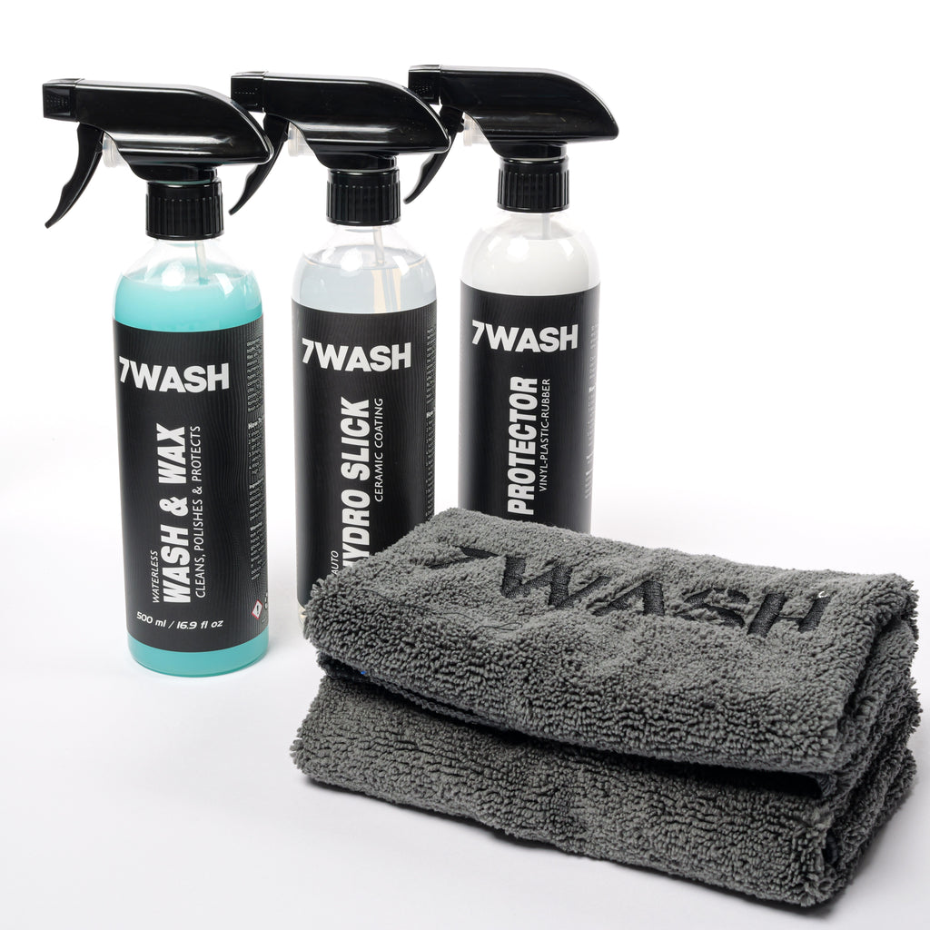 7WASH car detailing kit with Wash & Wax waterless car cleaner, Hydro Slick ceramic coating spray, vinyl plastic rubber protector, and premium microfiber drying towels for paint protection, deep shine, and full car detailing