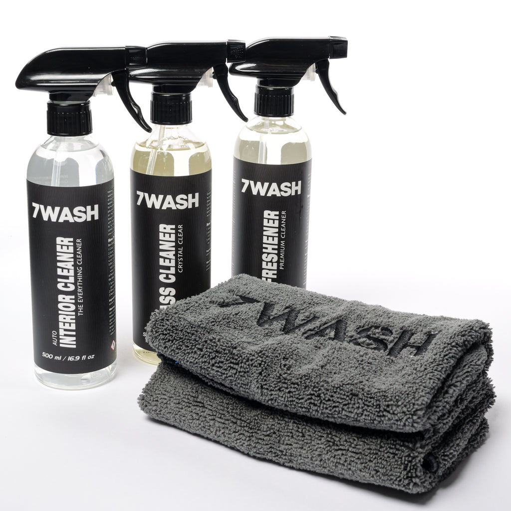 7WASH car interior cleaning kit with interior cleaner, glass cleaner, air freshener, and grey 40×40 cm microfiber cloth for dashboard, windows, screens, and plastic surfaces detailing