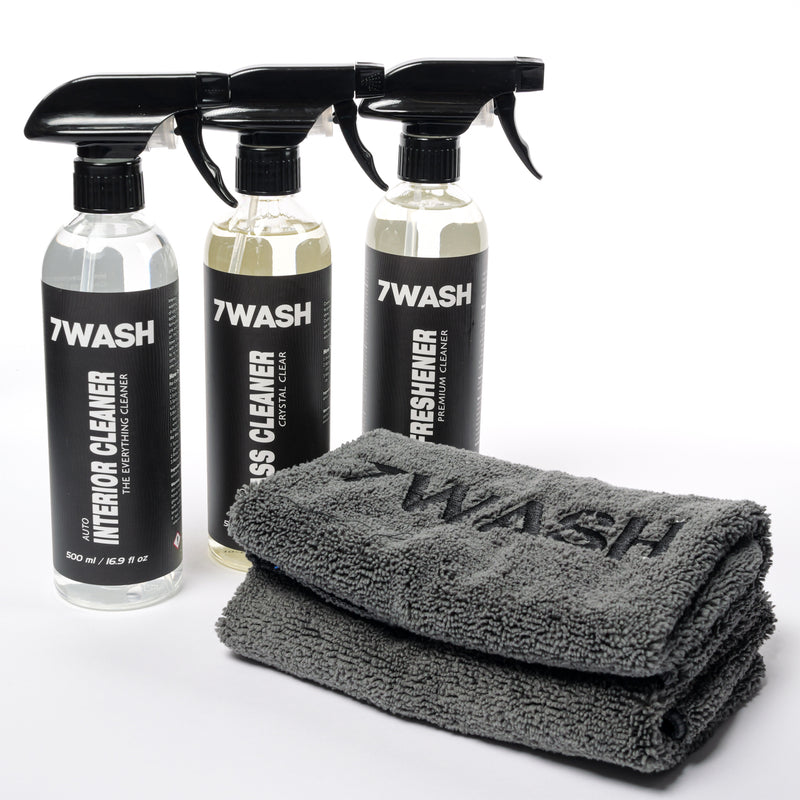 Auto-Innenreinigungsset – Pflegeset für Glas, Leder, Kunststoff und Armaturenbrett mit Mikrofasertuch – 7WASH