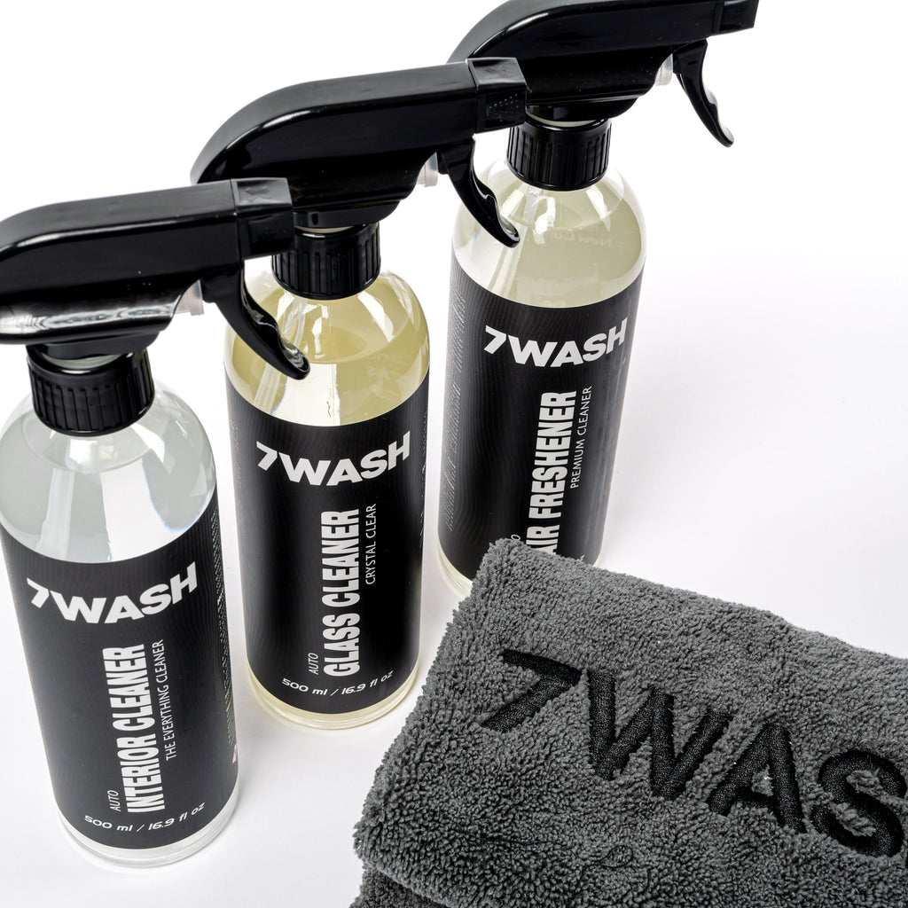 7WASH car interior cleaning kit with interior cleaner, glass cleaner, air freshener, and grey 40×40 cm microfiber cloth for dashboard, windows, screens, and plastic surfaces detailing