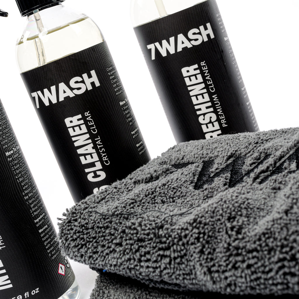 7WASH car interior cleaning kit with interior cleaner, glass cleaner, air freshener, and grey 40×40 cm microfiber cloth for dashboard, windows, screens, and plastic surfaces detailing