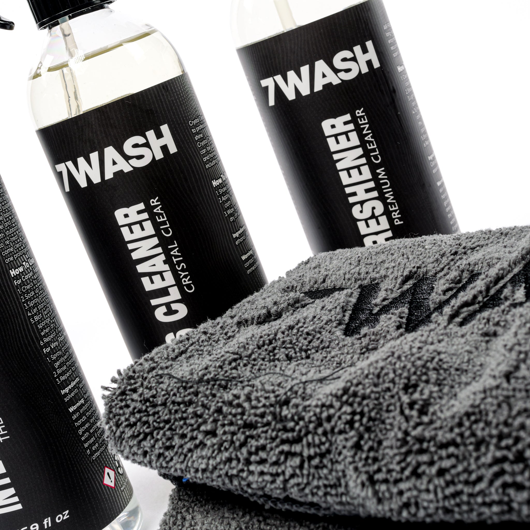 7WASH car interior cleaning kit with interior cleaner, glass cleaner, air freshener, and grey 40×40 cm microfiber cloth for dashboard, windows, screens, and plastic surfaces detailing