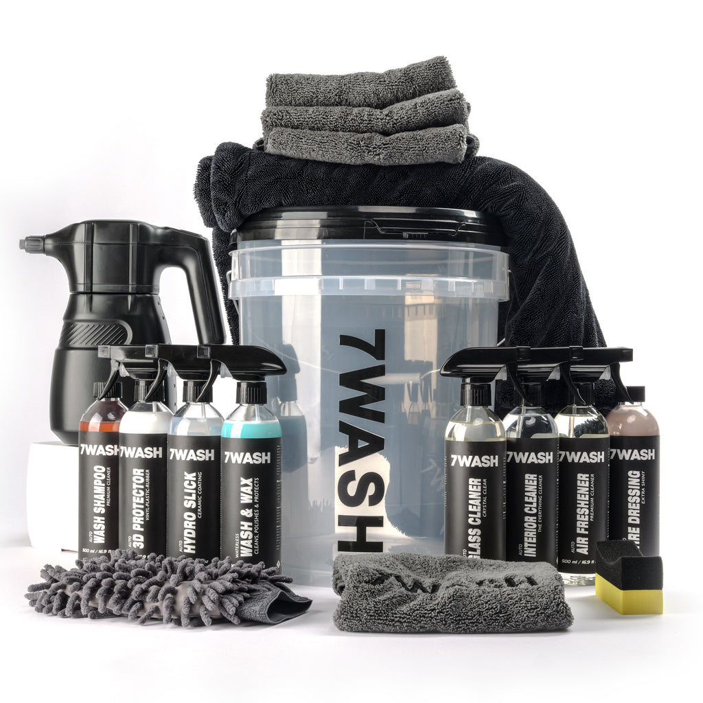7WASH complete car care kit with foam sprayer, microfiber drying towels, wash bucket with grit guard, car wash shampoo, tire dressing, and premium vehicle detailing products for cleaning cars and motorcycles