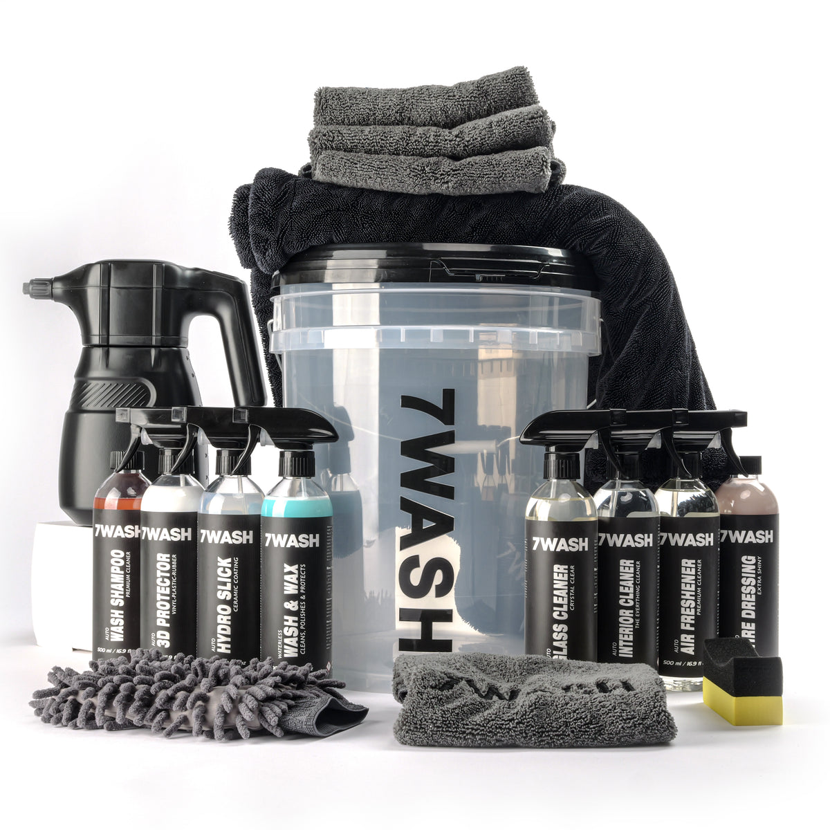 Kit d'entretien auto complet 7WASH avec pulvérisateur de mousse, seau de lavage, shampoing et serviettes microfibre