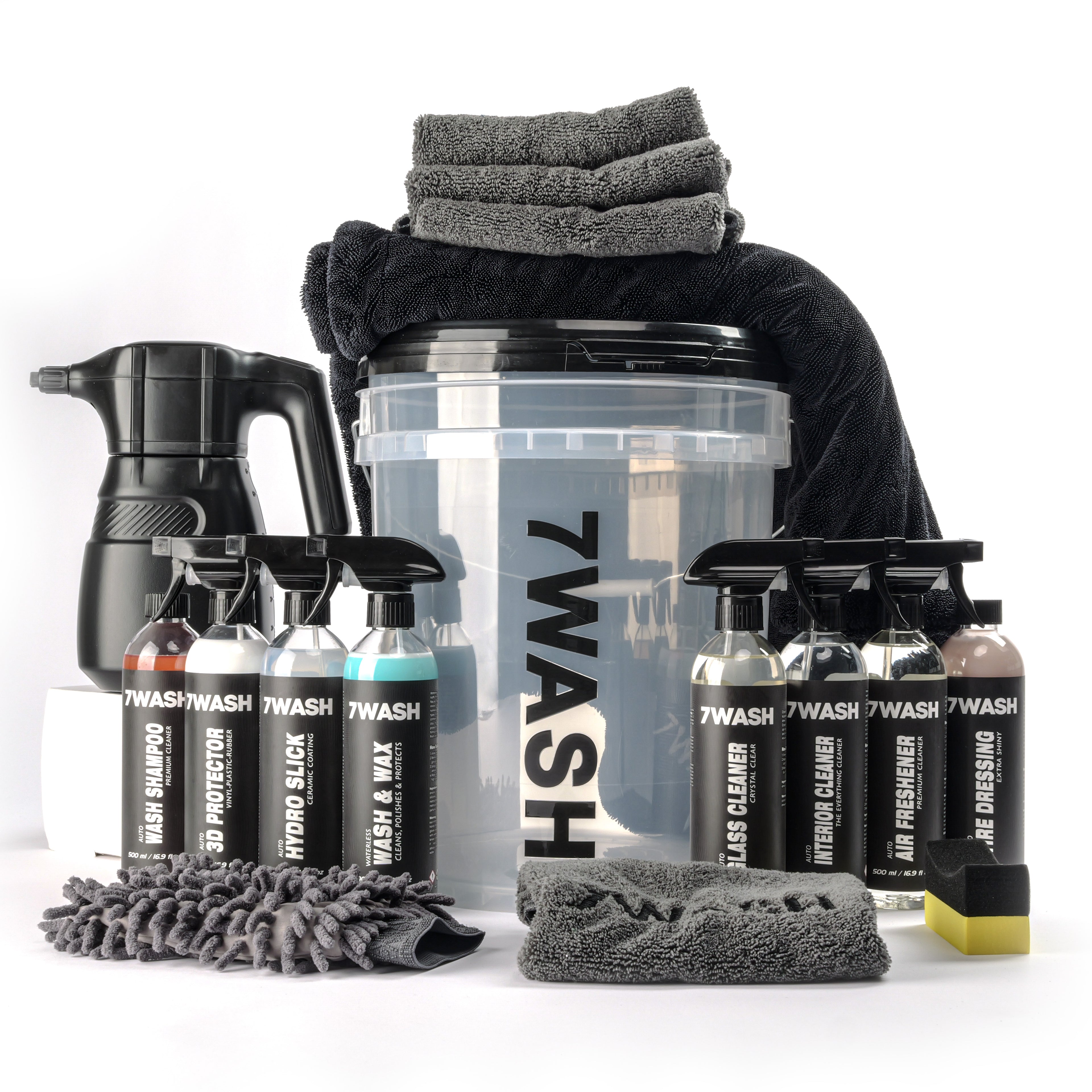 7WASH complete car care kit with foam sprayer, microfiber drying towels, wash bucket with grit guard, car wash shampoo, tire dressing, and premium vehicle detailing products for cleaning cars and motorcycles