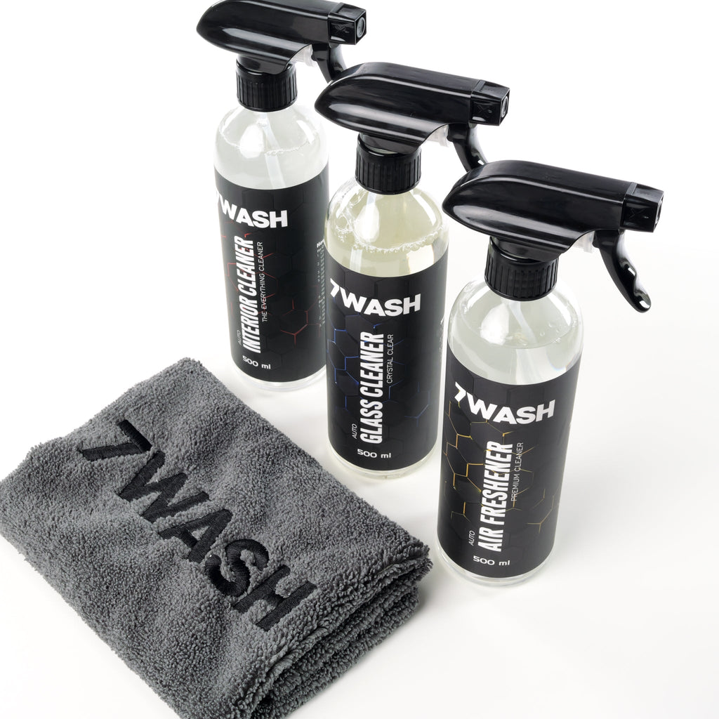 7WASH Innenraum Reinigungsset mit Interior Cleaner, Glasreiniger, Air Freshener und grauem Mikrofasertuch 40x40 cm