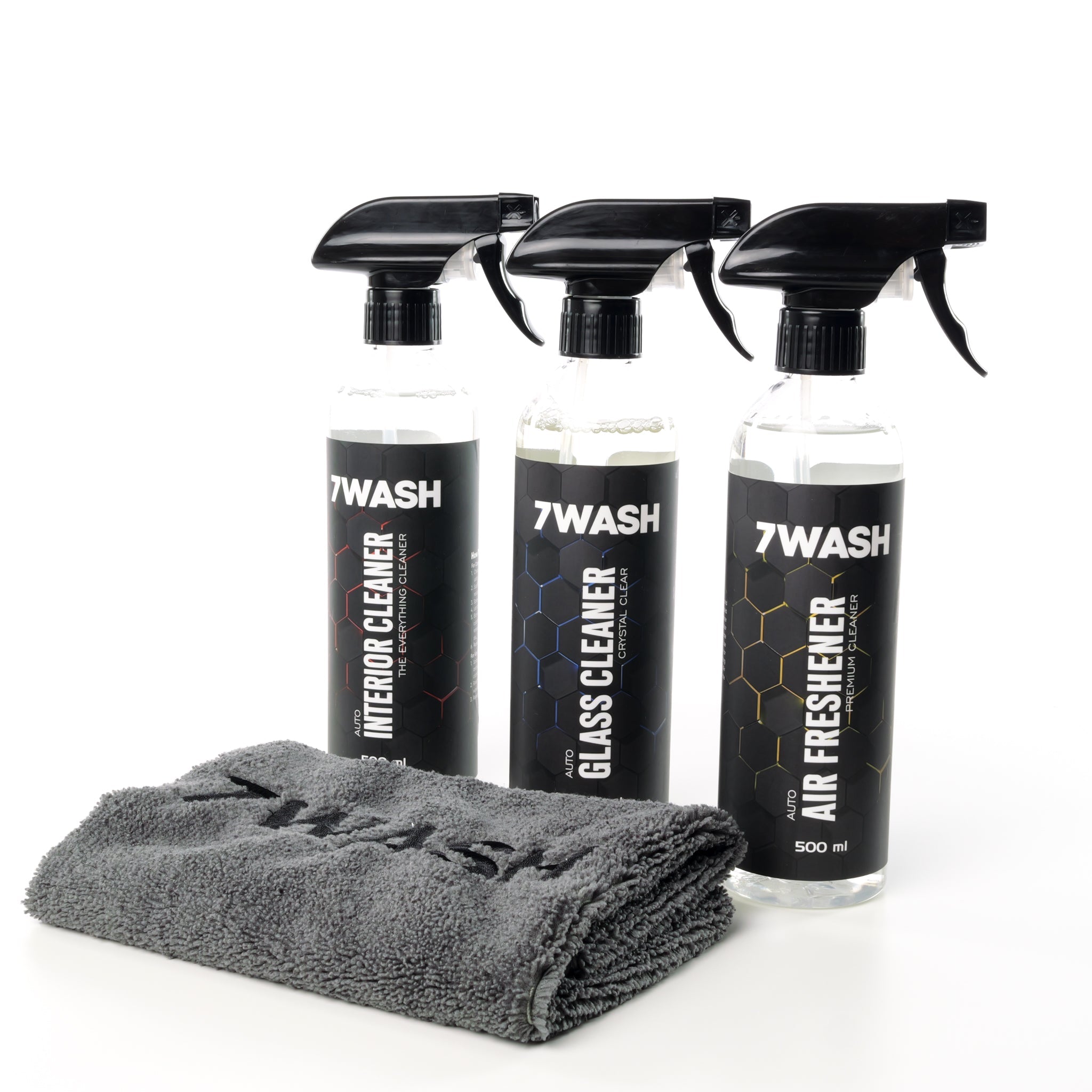7WASH Innenraum Reinigungsset mit Interior Cleaner, Glasreiniger, Air Freshener und grauem Mikrofasertuch 40x40 cm