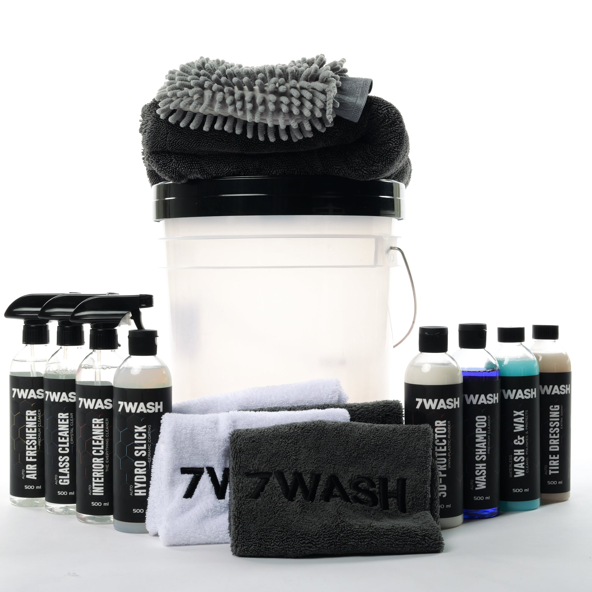 7WASH Autopflege Set ohne Foamsprüher mit Mikrofasertüchern, Wascheimer und Fahrzeugpflege Produkten