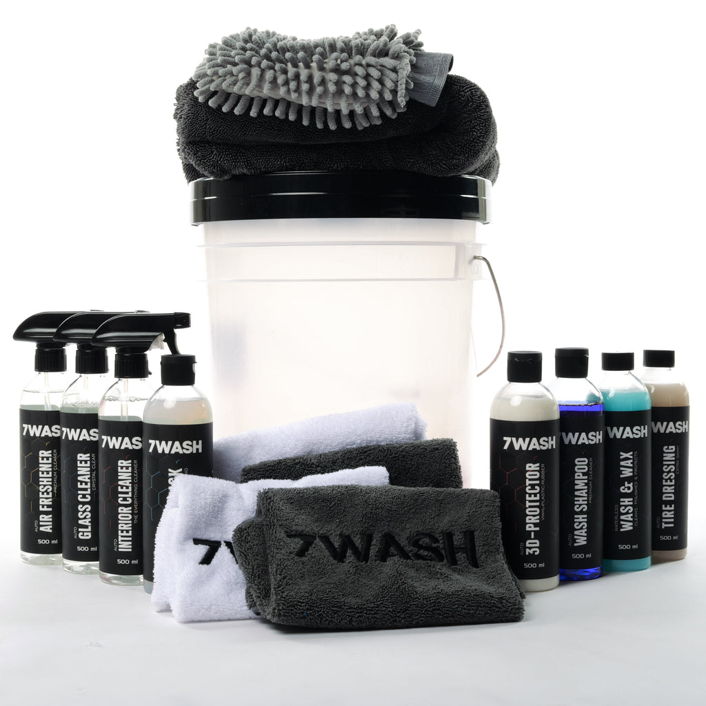 7WASH Autopflege Set ohne Foamsprüher mit Mikrofasertüchern, Wascheimer und Fahrzeugpflege Produkten