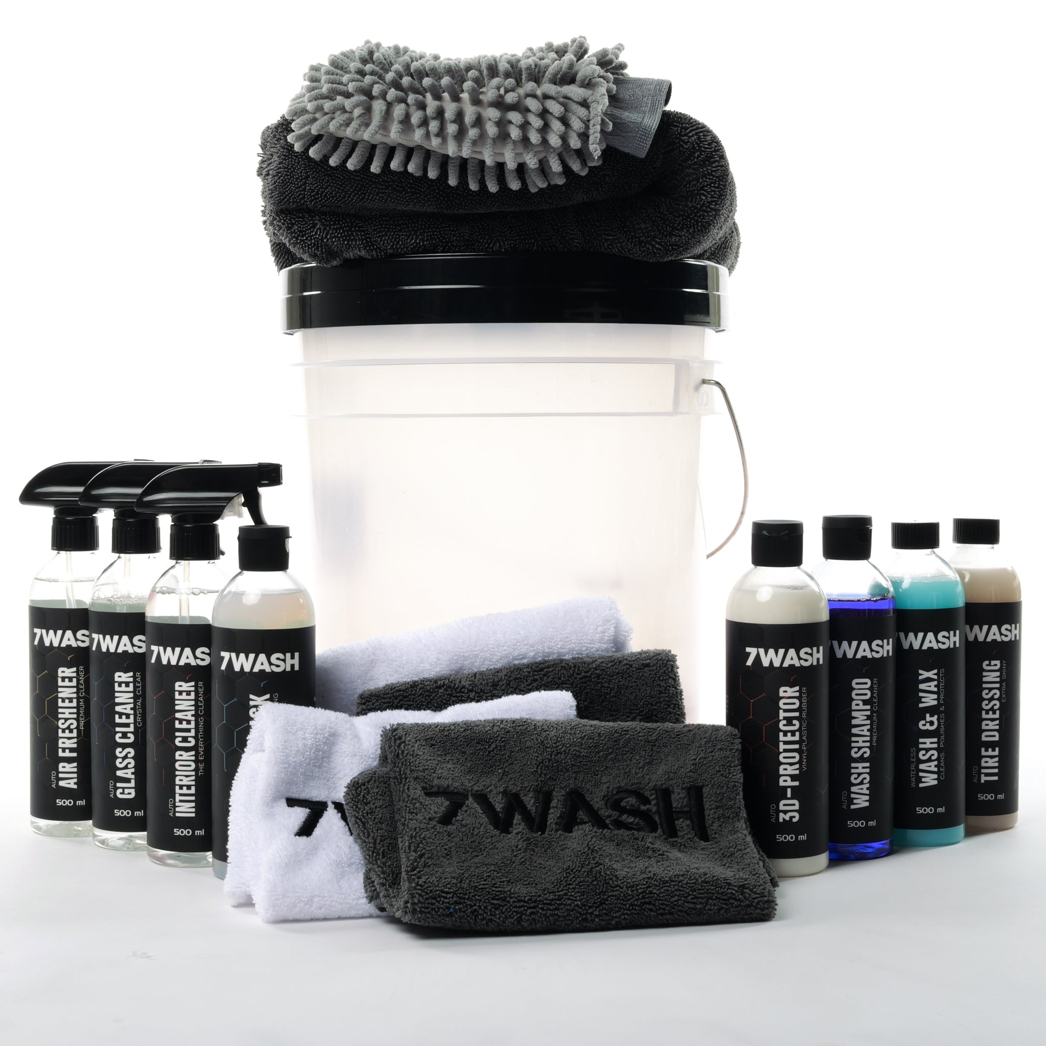 7WASH Autopflege Set ohne Foamsprüher mit Mikrofasertüchern, Wascheimer und Fahrzeugpflege Produkten