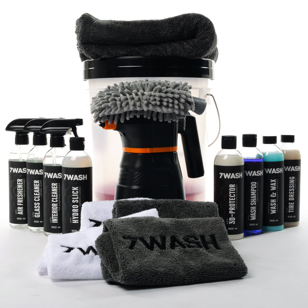 7WASH Autopflege Komplett Set mit Foamsprüher, Mikrofasertüchern, Wascheimer und Fahrzeugpflege Produkten