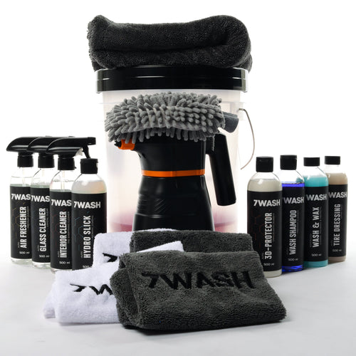 7WASH Autopflege Komplett Set mit Foamsprüher, Mikrofasertüchern, Wascheimer und Fahrzeugpflege Produkten