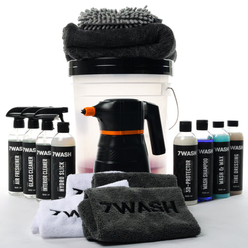 7WASH Autopflege Komplett Set mit Foamsprüher, Mikrofasertüchern, Wascheimer und Fahrzeugpflege Produkten