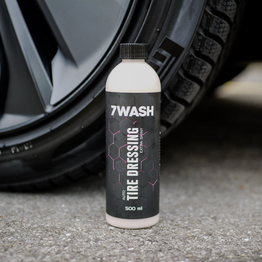 7WASH Tire Dressing bottle in front of a car tire