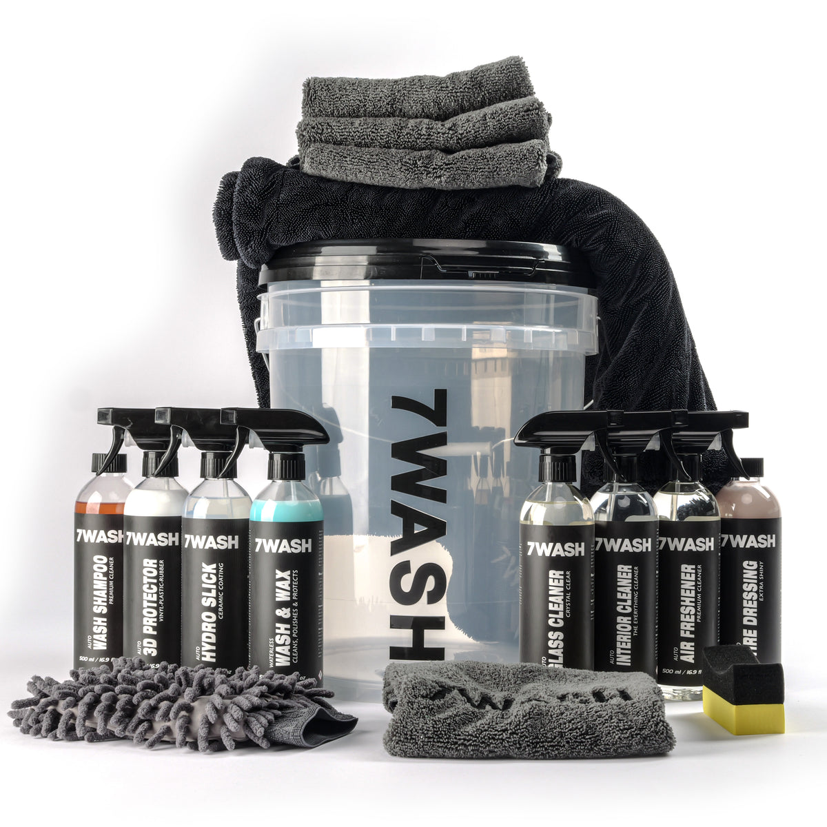7WASH Essential Autopflege-Set mit Wascheimer, Mikrofasertüchern, Waschhandschuh und Reinigungssprays